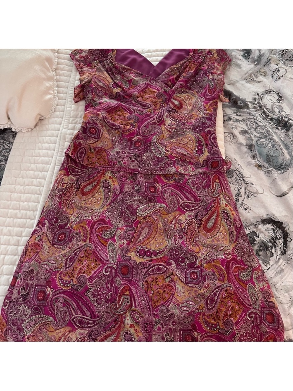 Adrianna Papell Magenta Paisley Print Dress with Gold and Pink Accents